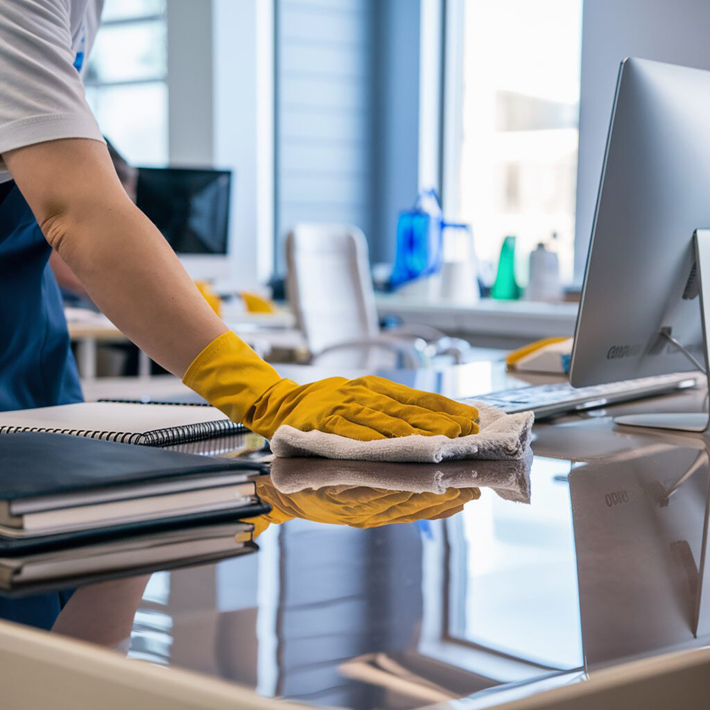 cleaning team member wiping office desk
