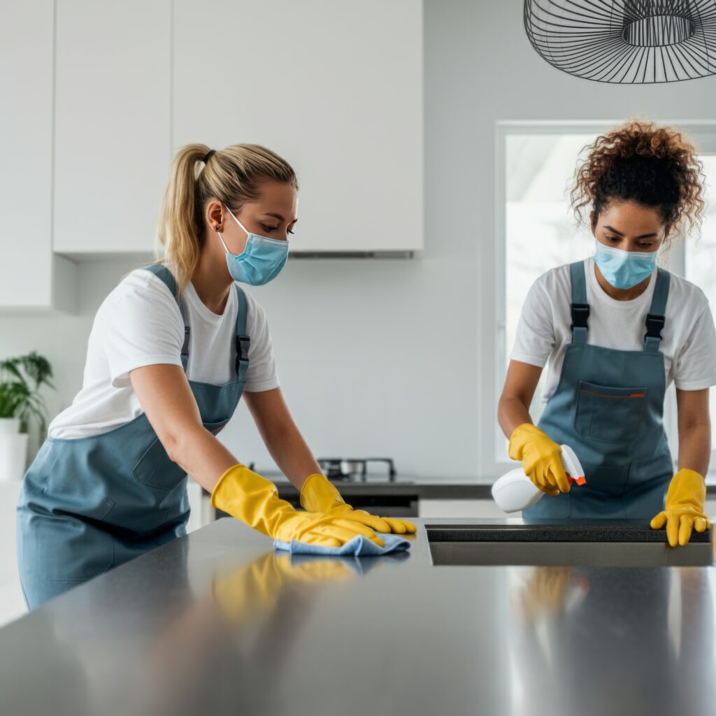 Cleaning workers wearing mask are doing home cleaning