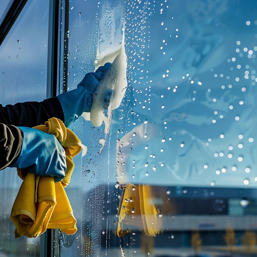 Employee hand cleaning a glass with blue sky background
