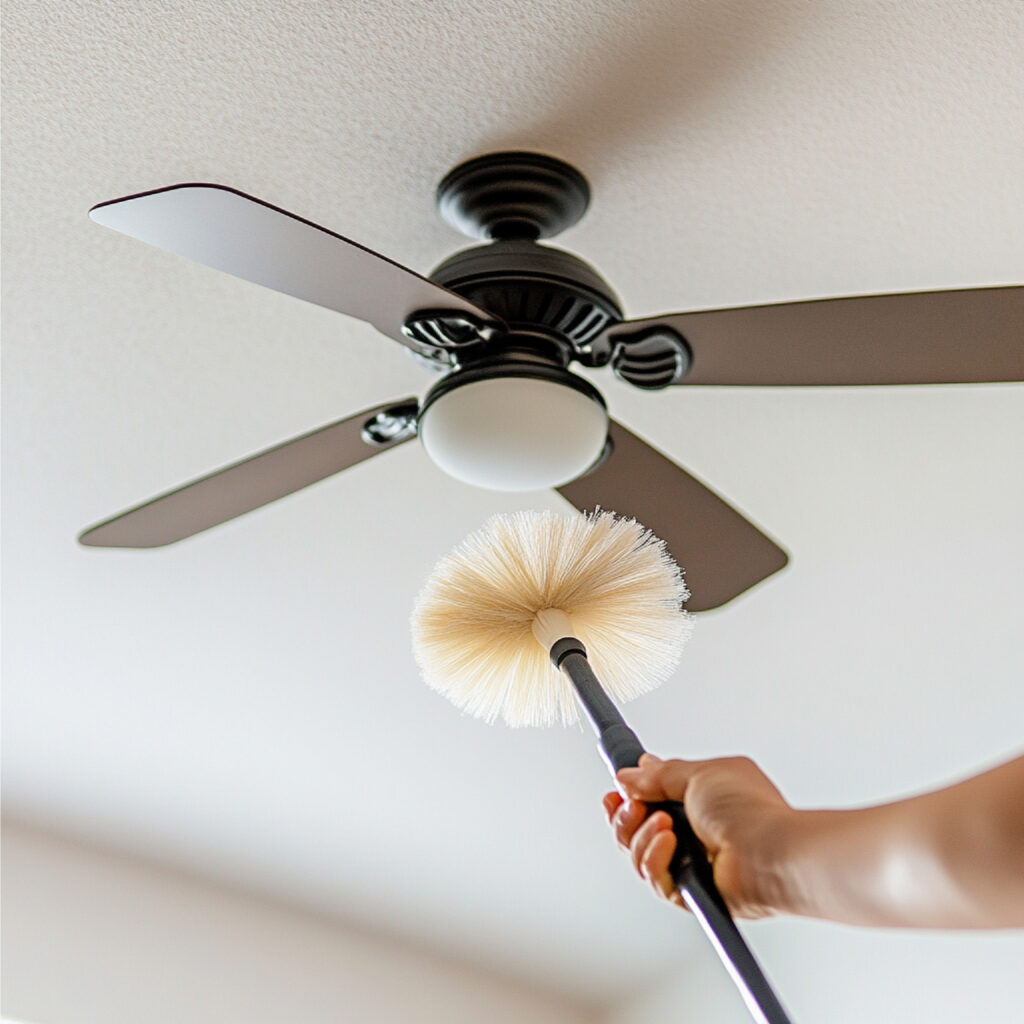 person-using-duster-clean-ceiling-fans-light-fixtures