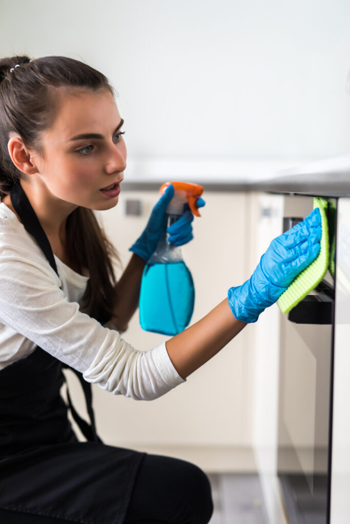 Smiling young woman housewife cleaning furniture in kitchen